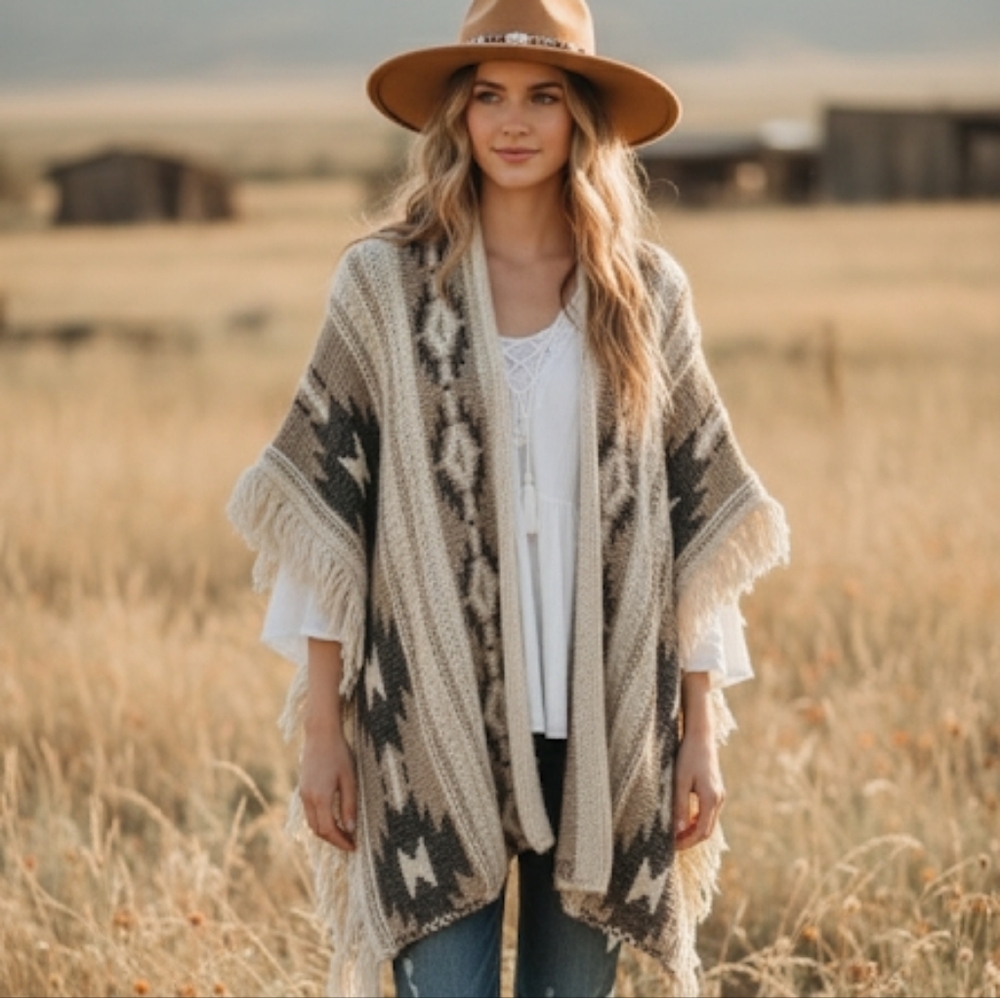 Elsamanda boho alpaca blend Aztec fringe poncho M/L